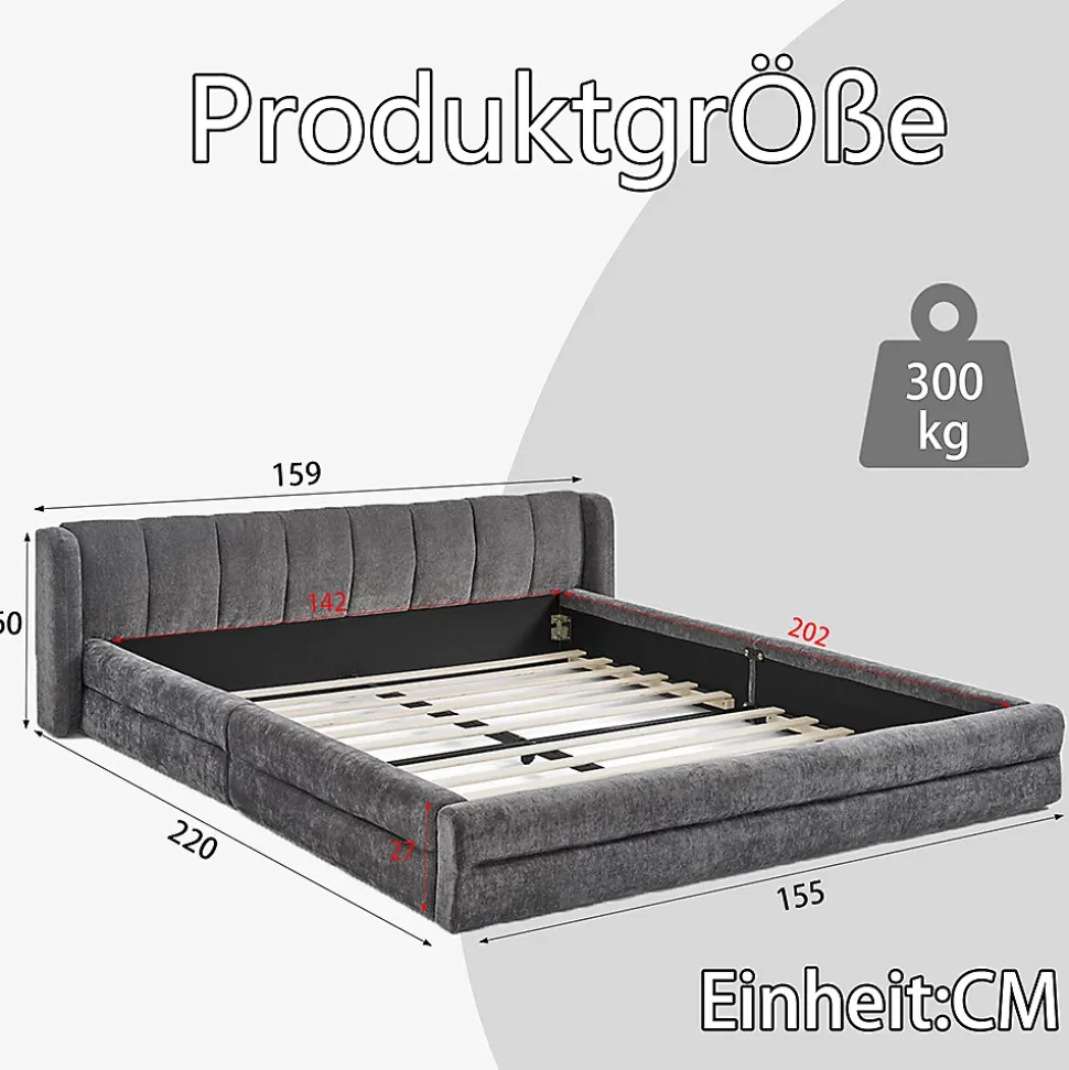 Lit double 140x200 cm, chenille, cadre eucalyptus/fer - gris foncé