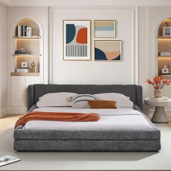 Lit double 140x200 cm, chenille, cadre eucalyptus/fer - gris foncé