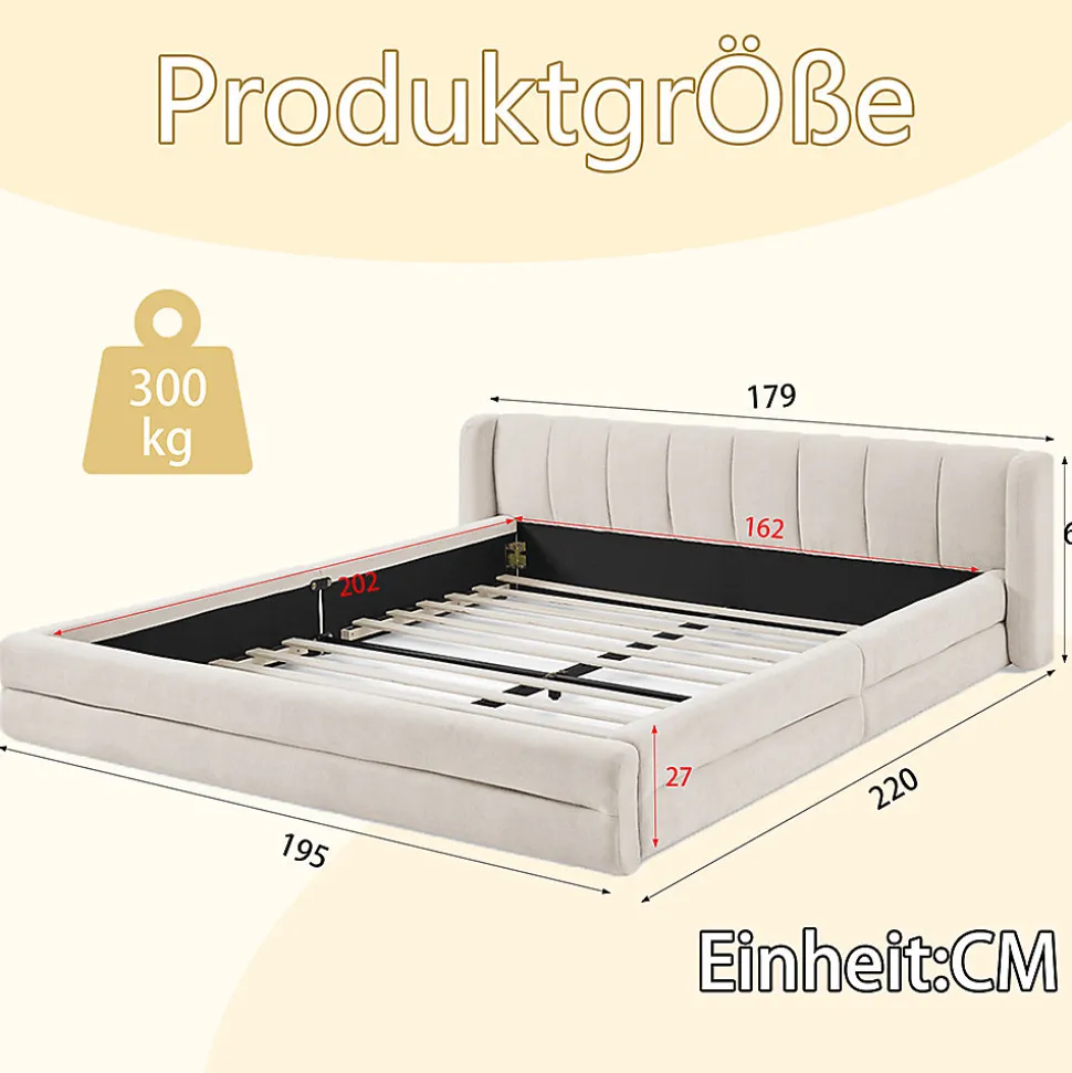 Lit double 160x200 cm, chenille, cadre eucalyptus/fer - beige