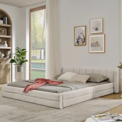 Lit double 160x200 cm, chenille, cadre eucalyptus/fer - beige