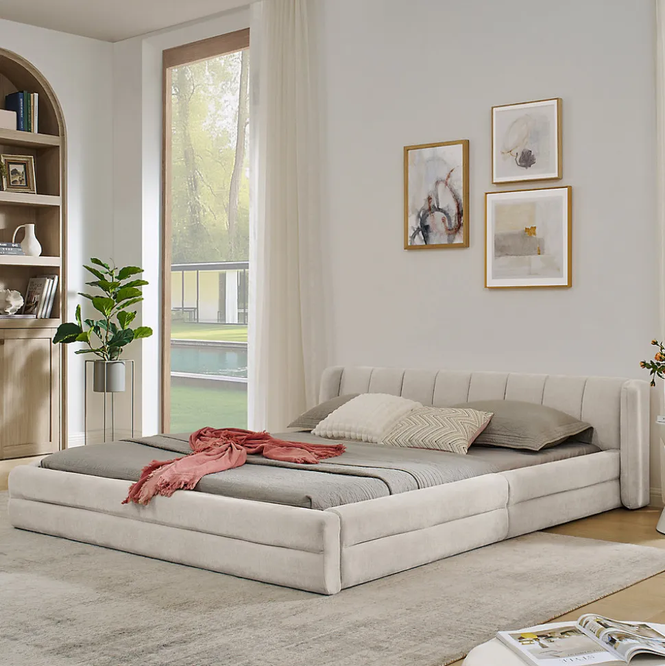 Lit double 160x200 cm, chenille, cadre eucalyptus/fer - beige