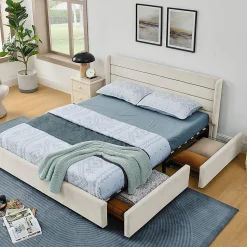 Lit double 140x200 cm, chenille, 4 tiroirs - beige