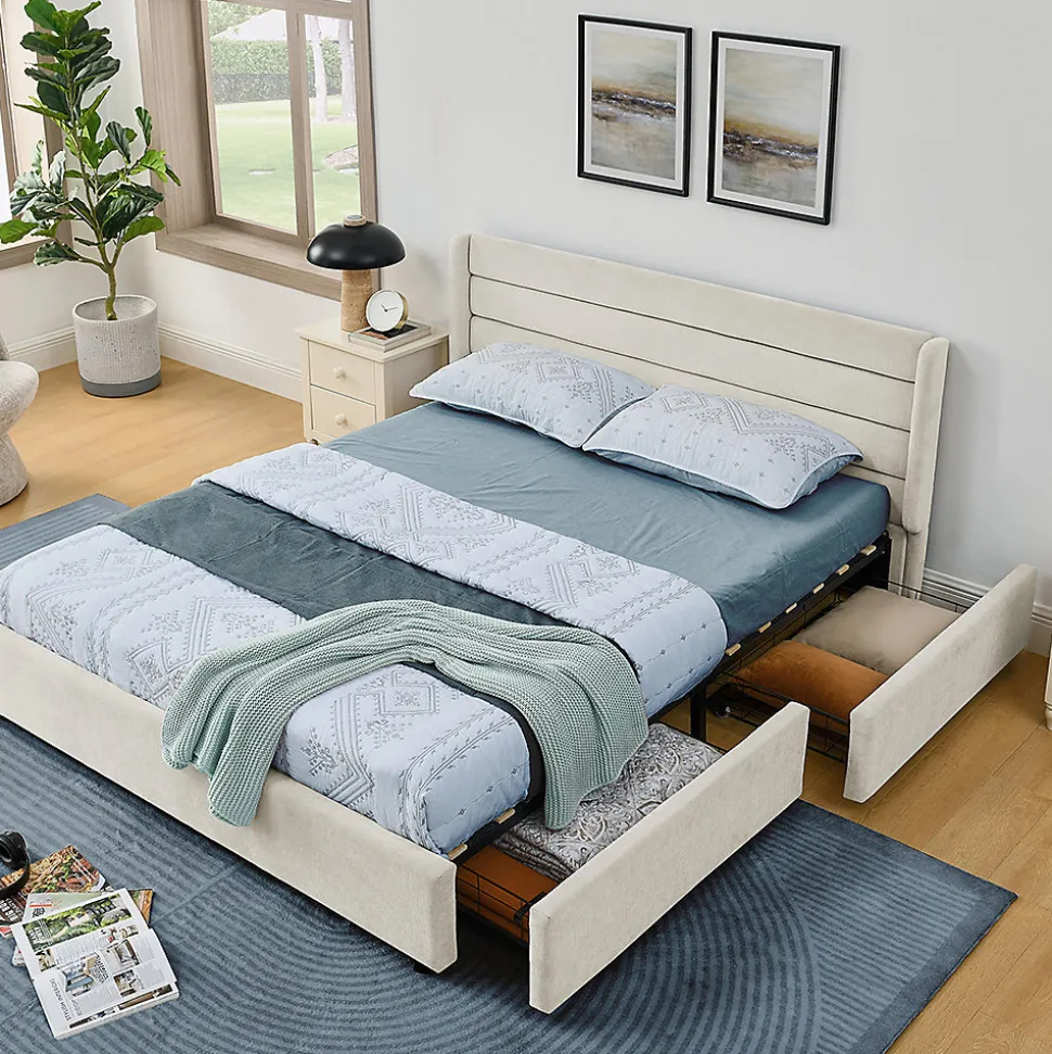 Lit double 140x200 cm, chenille, 4 tiroirs - beige