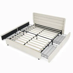 Lit double 140x200 cm, chenille, 4 tiroirs - beige