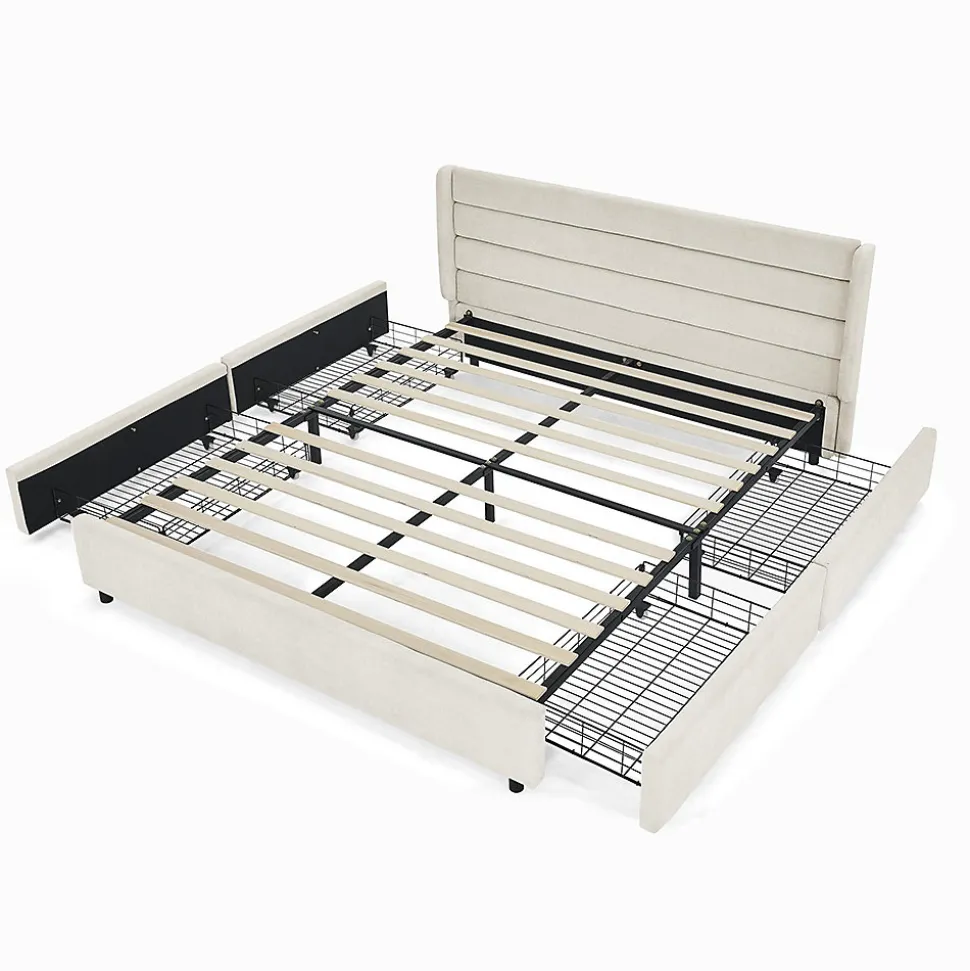 Lit double 140x200 cm, chenille, 4 tiroirs - beige