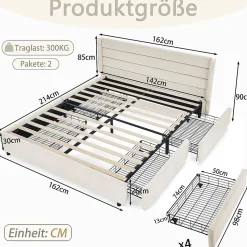 Lit double 140x200 cm, chenille, 4 tiroirs - beige