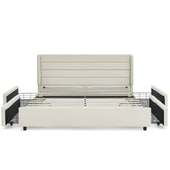 Lit double 140x200 cm, chenille, 4 tiroirs - beige