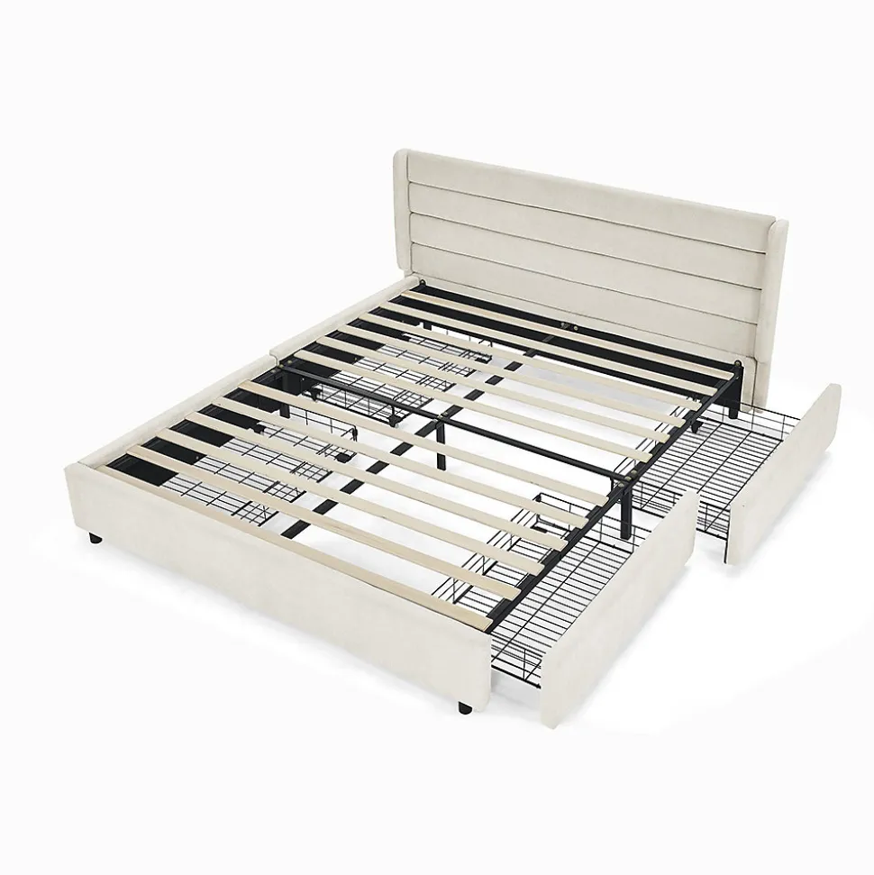 Lit double 140x200 cm, chenille, 4 tiroirs - beige