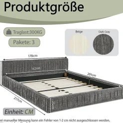 Lit double 160x200 cm, chenille veloutée, bois eucalyptus - gris foncé