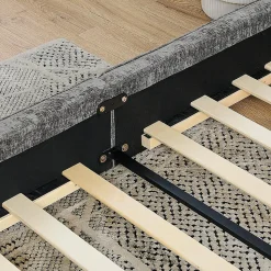 Lit double 160x200 cm, chenille veloutée, bois eucalyptus - gris foncé