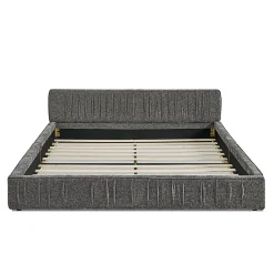 Lit double 140x200 cm, chenille veloutée, bois eucalyptus, cadre fer - gris foncé