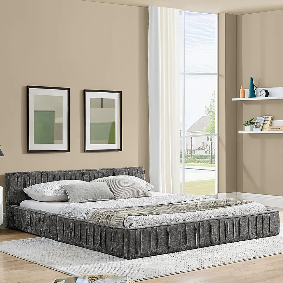 Lit double 140x200 cm, chenille veloutée, bois eucalyptus, cadre fer - gris foncé