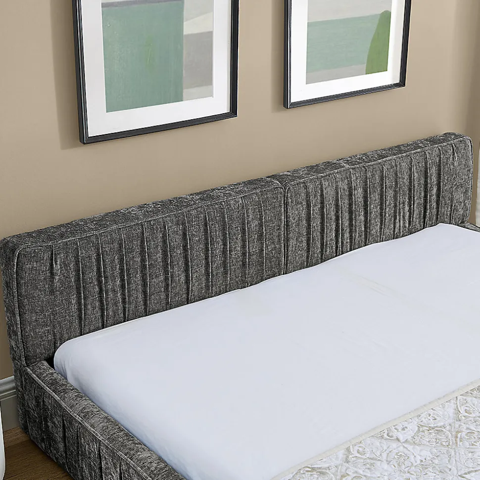 Lit double 140x200 cm, chenille veloutée, bois eucalyptus, cadre fer - gris foncé