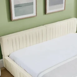 Lit double 140x200 cm, chenille veloutée, bois eucalyptus, cadre fer - beige