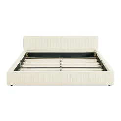 Lit double 140x200 cm, chenille veloutée, bois eucalyptus, cadre fer - beige