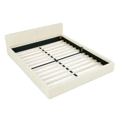 Lit double 140x200 cm, chenille veloutée, bois eucalyptus, cadre fer - beige