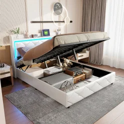 Lit double 160x200 cm cuir polyuréthane blanc, capitonné cristal, coffre de rangement hydraulique, ports USB et LED ambiance.