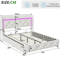 Lit double 160x200 cm cuir polyuréthane blanc, capitonné cristal, coffre de rangement hydraulique, ports USB et LED ambiance.