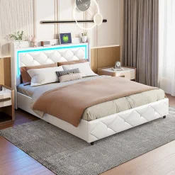 Lit double 160x200 cm cuir polyuréthane blanc, capitonné cristal, coffre de rangement hydraulique, ports USB et LED ambiance.