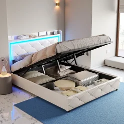 Lit double 140x200 cm cuir PU blanc capitonné cristal, coffre hydraulique, ports USB et LED