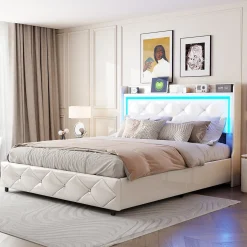 Lit double 140x200 cm cuir PU blanc capitonné cristal, coffre hydraulique, ports USB et LED