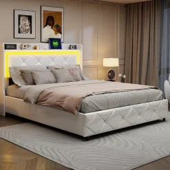 Lit double 140x200 cm cuir PU blanc capitonné cristal, coffre hydraulique, ports USB et LED