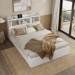 Lit double 140x200 cm en bois avec sommier tête de lit tiroirs tables de chevet chargeur sans fil et port Type C blanc