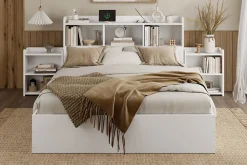 Lit double 140x200 cm en bois avec sommier tête de lit tiroirs tables de chevet chargeur sans fil et port Type C blanc