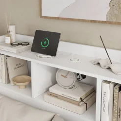 Lit double 140x200 cm en bois avec sommier tête de lit tiroirs tables de chevet chargeur sans fil et port Type C blanc