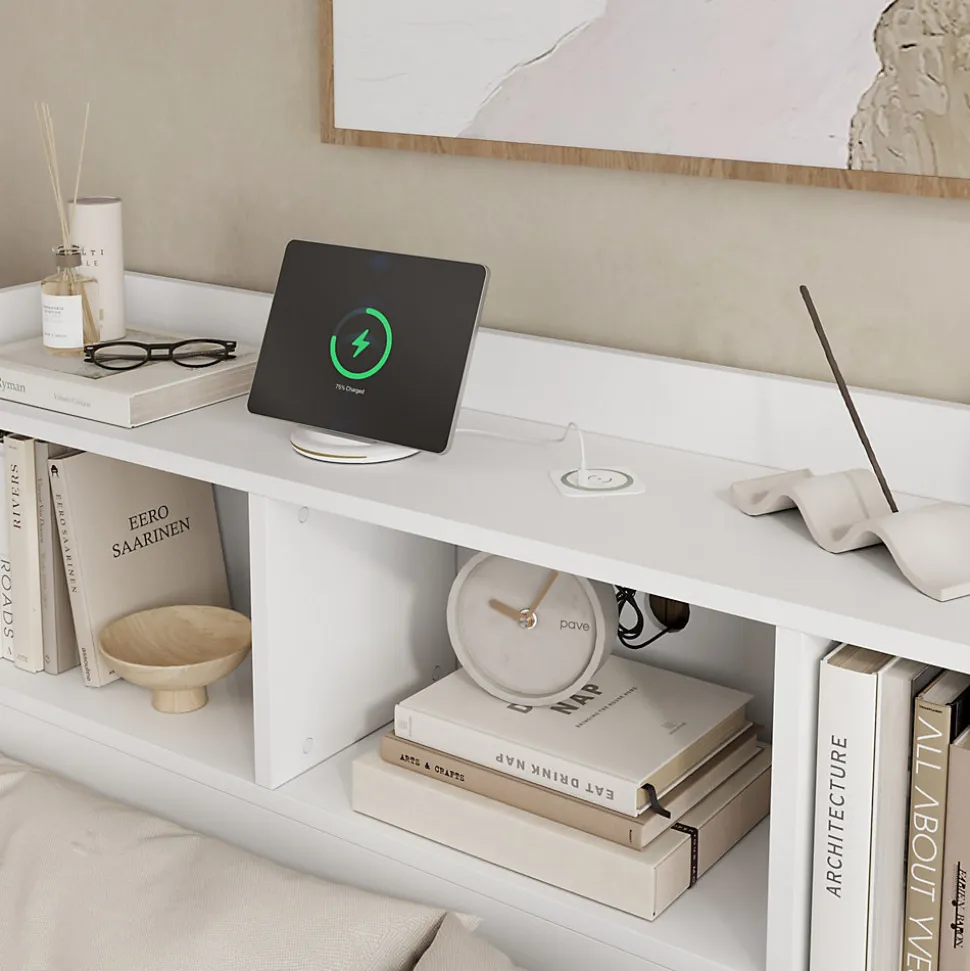 Lit double 140x200 cm en bois avec sommier tête de lit tiroirs tables de chevet chargeur sans fil et port Type C blanc