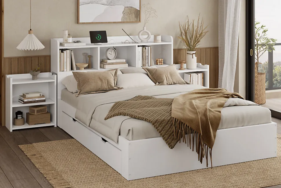 Lit double 140x200 cm en bois avec sommier tête de lit tiroirs tables de chevet chargeur sans fil et port Type C blanc