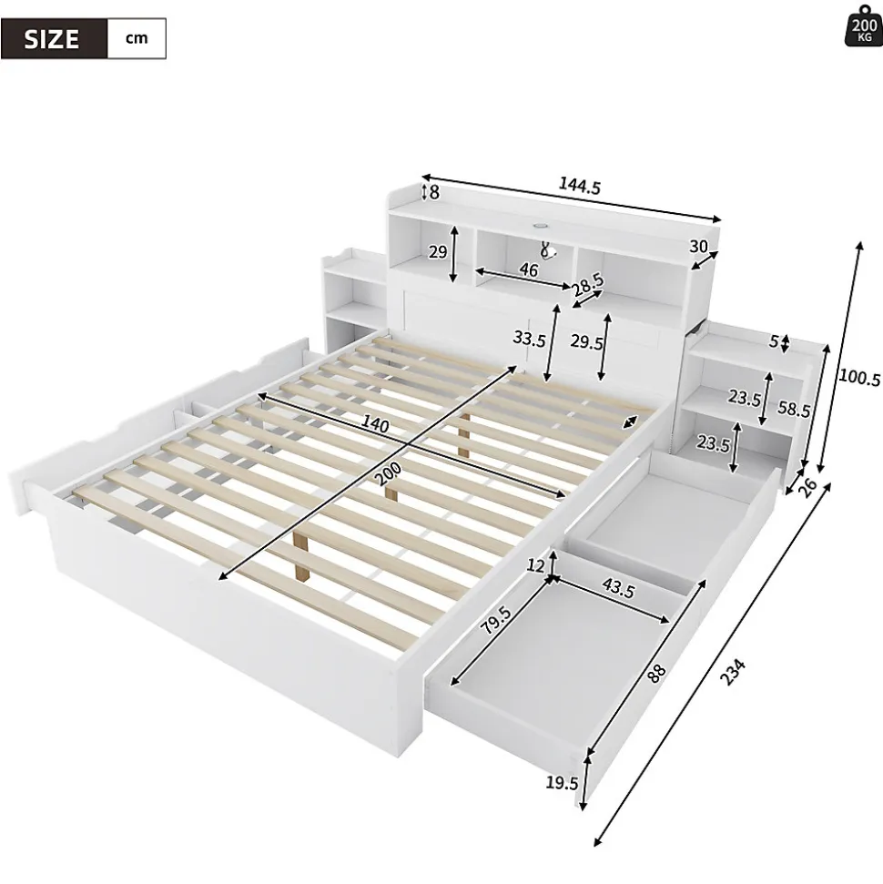 Lit double 140x200 cm en bois avec sommier tête de lit tiroirs tables de chevet chargeur sans fil et port Type C blanc