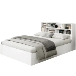 Lit double 140x200 cm en bois massif avec port USB tiroirs et espace de rangement sous le lit blanc sans matelas