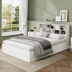 Lit double 140x200 cm en bois massif avec port USB tiroirs et espace de rangement sous le lit blanc sans matelas