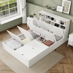 Lit double 140x200 cm en bois massif avec port USB tiroirs et espace de rangement sous le lit blanc sans matelas