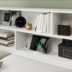 Lit double 140x200 cm en bois massif avec port USB tiroirs et espace de rangement sous le lit blanc sans matelas