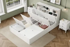 Lit double 140x200 cm en bois massif avec port USB tiroirs et espace de rangement sous le lit blanc sans matelas