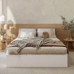 Lit double 140x200 cm en bois massif avec tiroirs et espace de rangement sous le lit blanc sans matelas