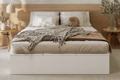 Lit double 140x200 cm en bois massif avec tiroirs et espace de rangement sous le lit blanc sans matelas