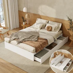 Lit double 140x200 cm en bois massif avec tiroirs et espace de rangement sous le lit blanc sans matelas