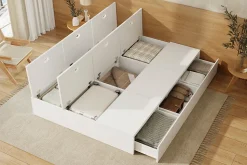 Lit double 140x200 cm en bois massif avec tiroirs et espace de rangement sous le lit blanc sans matelas