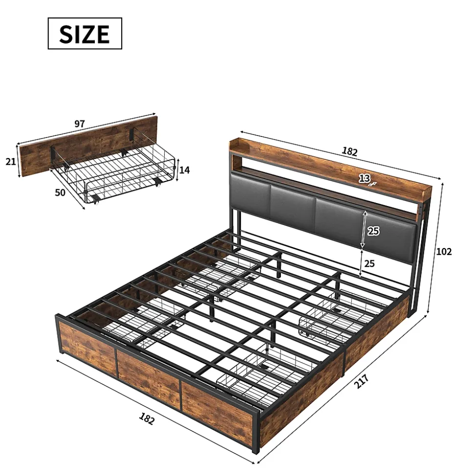 Lit double 180x200 cm en fer avec revêtement PU noir mat effet tigre, tête de lit avec rangement et barre LED