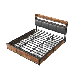 Lit double 180x200 cm en fer avec revêtement PU noir mat effet tigre, tête de lit avec rangement et barre LED