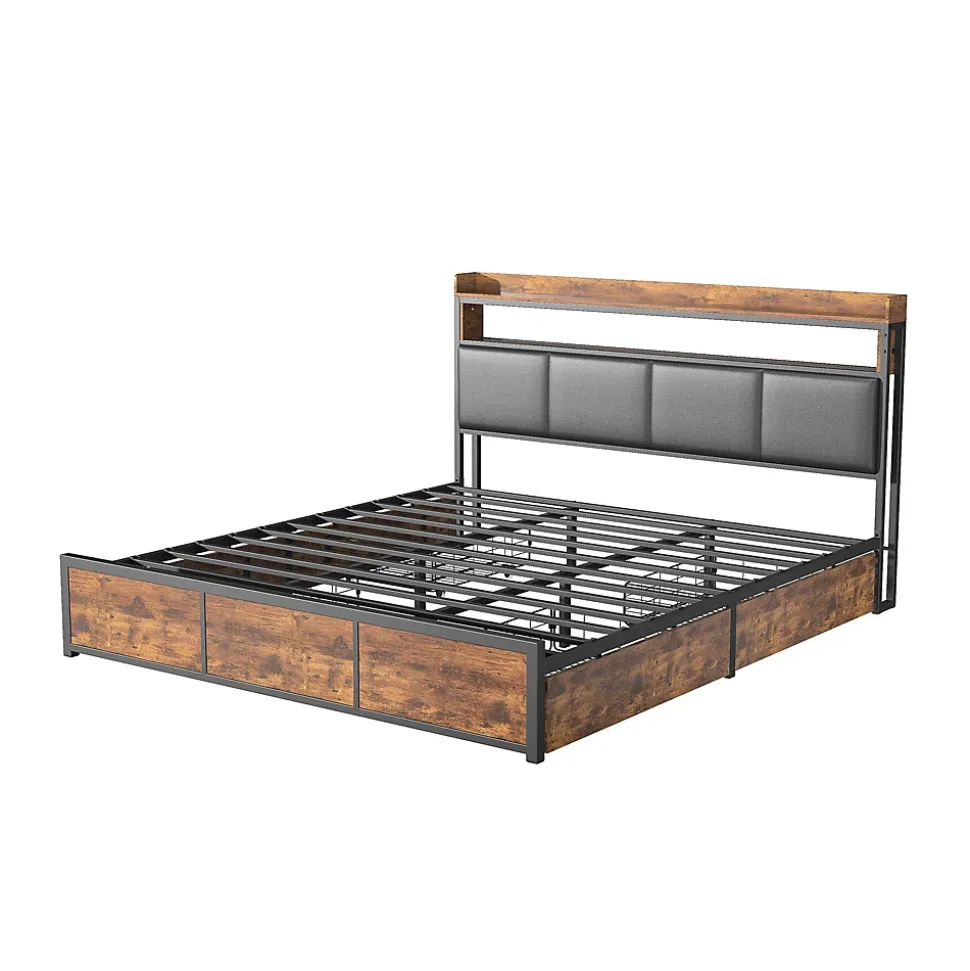 Lit double 180x200 cm en fer avec revêtement PU noir mat effet tigre, tête de lit avec rangement et barre LED