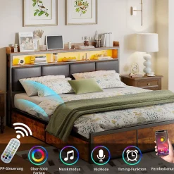 Lit double 180x200 cm en fer avec revêtement PU noir mat effet tigre, tête de lit avec rangement et barre LED