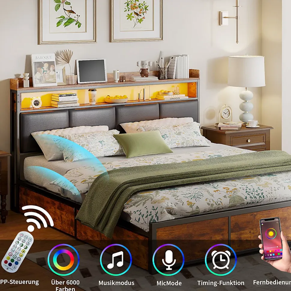 Lit double 180x200 cm en fer avec revêtement PU noir mat effet tigre, tête de lit avec rangement et barre LED