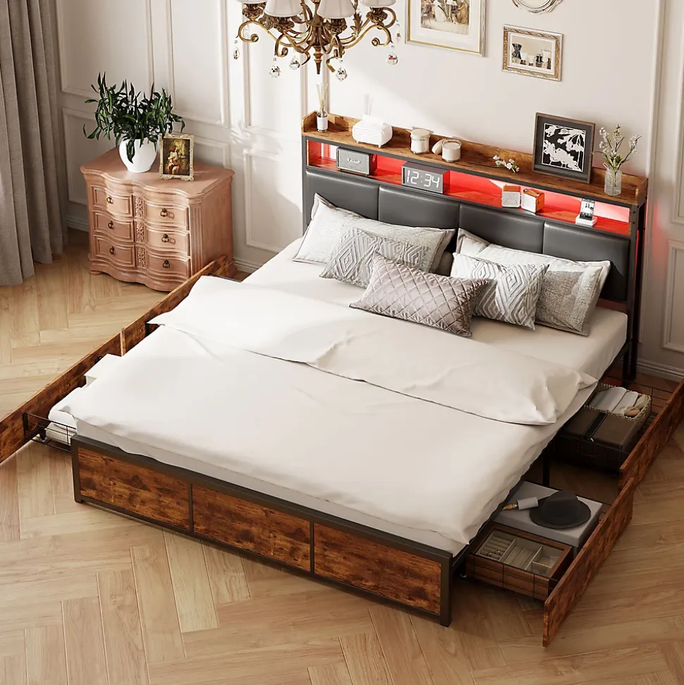 Lit double 180x200 cm en fer avec revêtement PU noir mat effet tigre, tête de lit avec rangement et barre LED