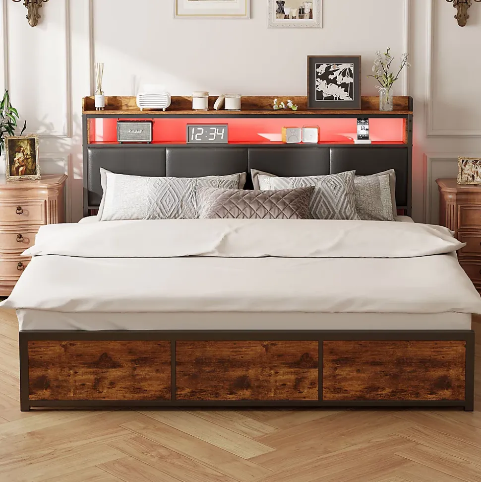 Lit double 180x200 cm en fer avec revêtement PU noir mat effet tigre, tête de lit avec rangement et barre LED