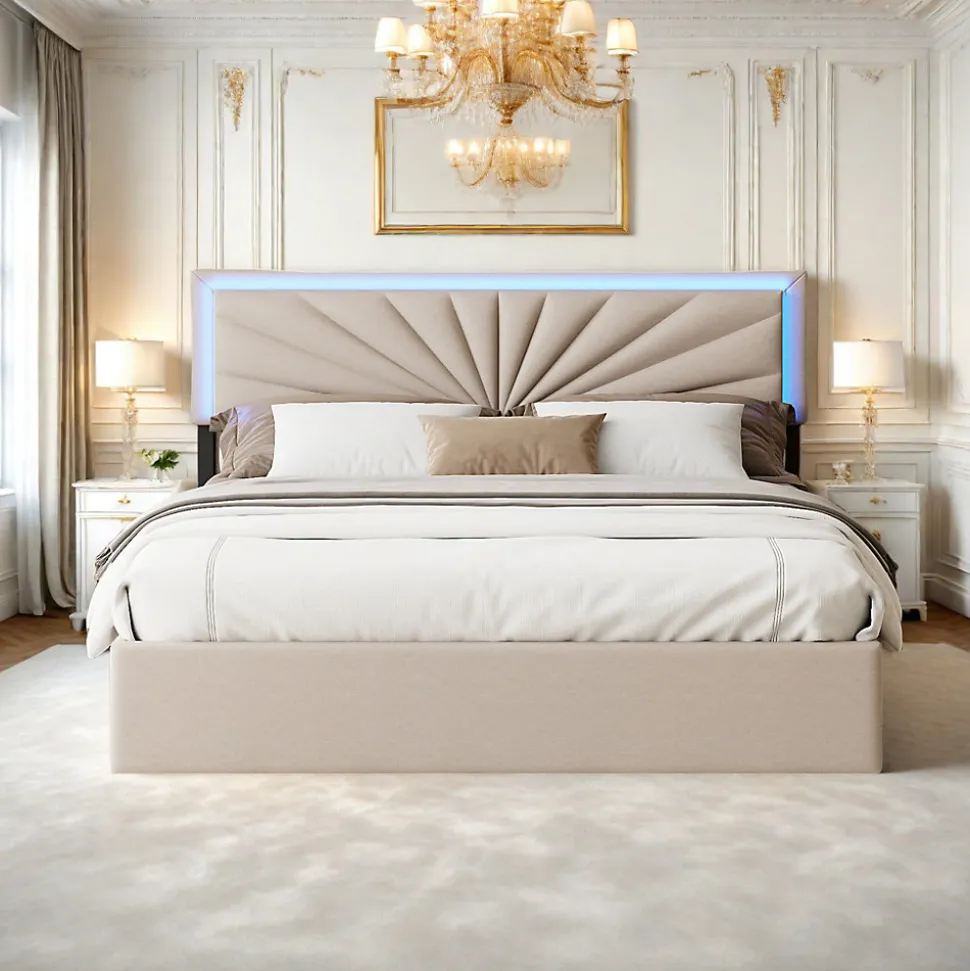 Lit double 160x200 cm en lin avec LED, sommier à lattes robuste, 4 tiroirs intégrés, design moderne pour 2 personnes