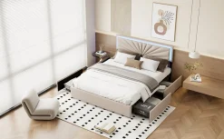 Lit double 160x200 cm en lin avec LED, sommier à lattes robuste, 4 tiroirs intégrés, design moderne pour 2 personnes